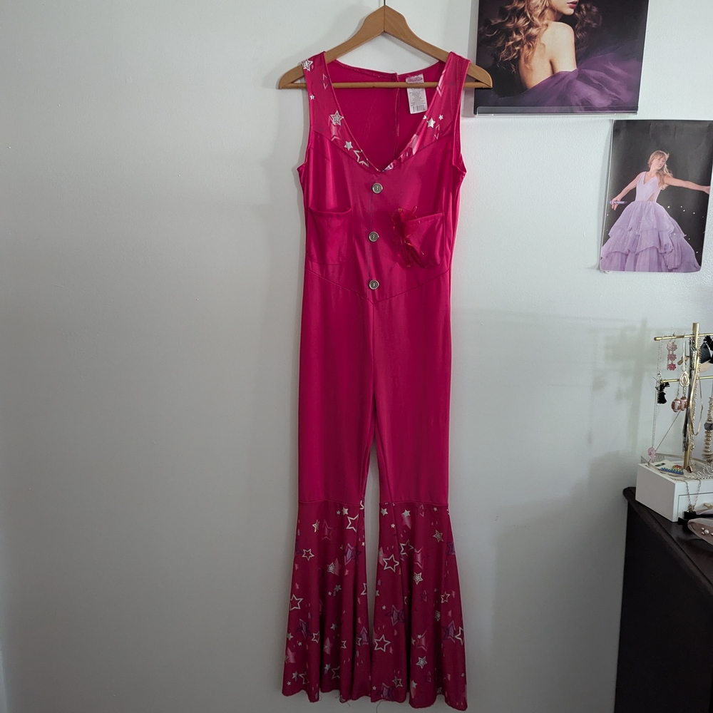 Barbie Movie Cowboy Pink Jumpsuit Size Medium Screen Printed Halloween Costume